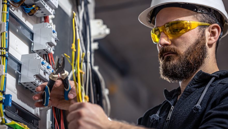 Male electrician at the checkout counter on a blurred background of a switchboard.